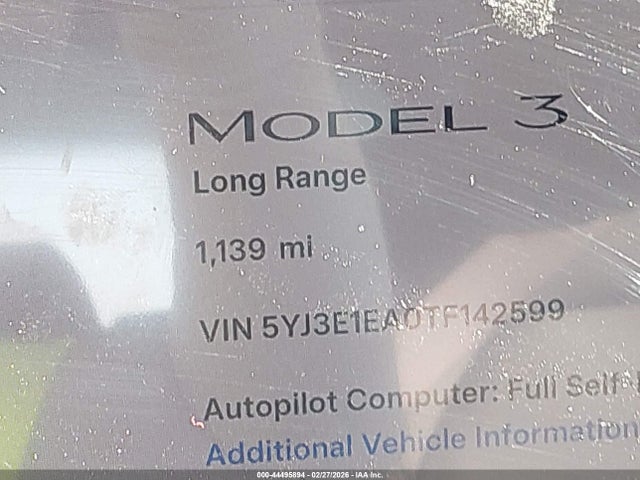 Aukcja sprzedaży 2026 Tesla Model 3 Premium Rear-wheel Drive/standard Rear-wheel Drive, vin: 5YJ3E1EA0TF142599, numer aukcji: 44495894