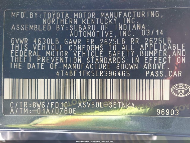 4T4BF1FK5ER396465 Toyota CAMRY LE