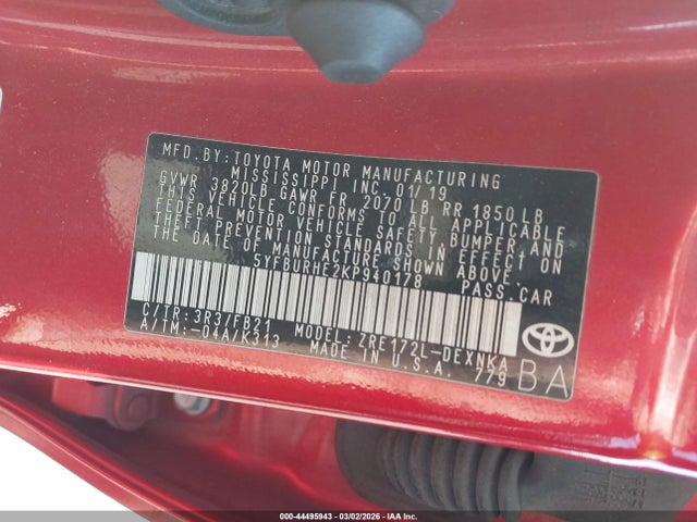 44495943 :رقم المزاد ، 5YFBURHE2KP940178 vin ، 2019 Toyota Corolla Le مزاد بيع