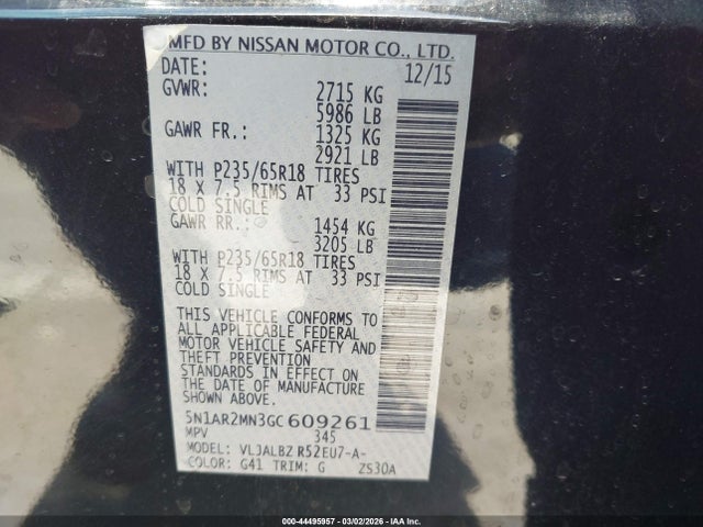 5N1AR2MN3GC609261 Nissan Pathfinder Platinum/s/sl/sv