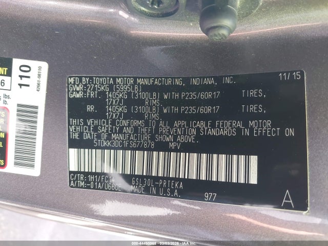 5TDKK3DC1FS677878 Toyota Sienna Le 8 Passenger