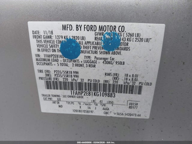1FAHP2E81KG109883 Ford TAURUS SEL