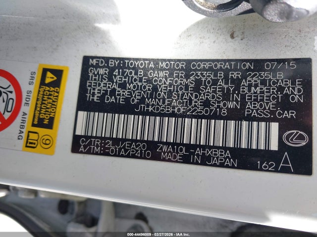 Aukcja sprzedaży 2015 Lexus Ct 200h, vin: JTHKD5BH0F2250718, numer aukcji: 44496009