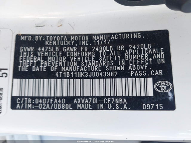 4T1B11HK3JU043982 Toyota CAMRY LE