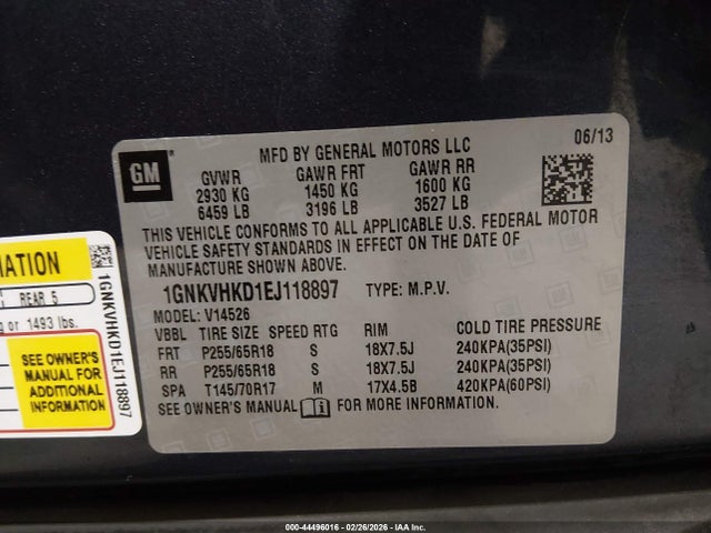 1GNKVHKD1EJ118897 Chevrolet Traverse 2lt