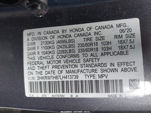 Aukcja sprzedaży 2020 Honda Cr-v 2wd Ex-l, vin: 2HKRW1H87LH413739, numer aukcji: 44496035