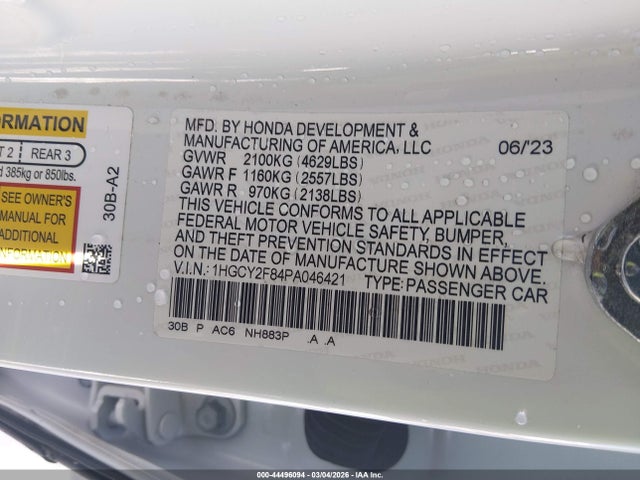 Aukcja sprzedaży 2023 Honda Accord Hybrid Touring, vin: 1HGCY2F84PA046421, numer aukcji: 44496094