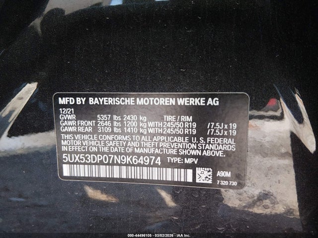 2022 Bmw X3 Xdrive30i მანქანა იყიდება აუქციონზე, vin: 5UX53DP07N9K64974, აუქციონის ნომერი: 44496105