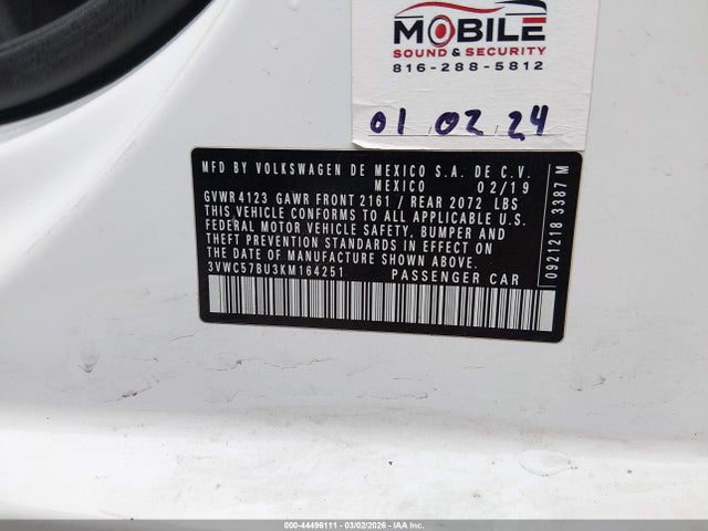 Продажа на аукционе авто 2019 Volkswagen Jetta 1.4t R-line/1.4t S/1.4t Se, vin: 3VWC57BU3KM164251, номер лота: 44496111