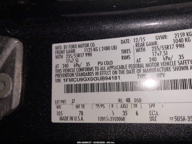 1FMCU9GX0GUB94181 Ford ESCAPE SE