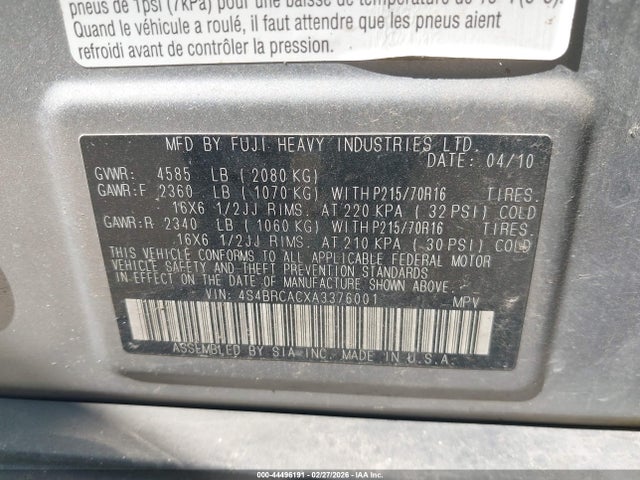 Aukcja sprzedaży 2010 Subaru Outback 2.5i, vin: 4S4BRCACXA3376001, numer aukcji: 44496191