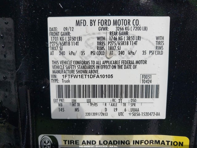 2013 Ford F-150 Xlt მანქანა იყიდება აუქციონზე, vin: 1FTFW1ET1DFA10105, აუქციონის ნომერი: 44496197
