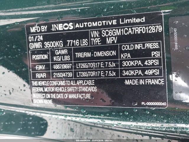 Продажа на аукционе авто 2024 Ineos Grenadier Fieldmaster Edition/trialmaster Edition, vin: SC6GM1CA7RF012879, номер лота: 44496204