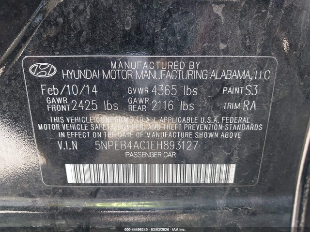 Hyundai SONATA GLS 2014 5NPEB4AC1EH893127 Image 9