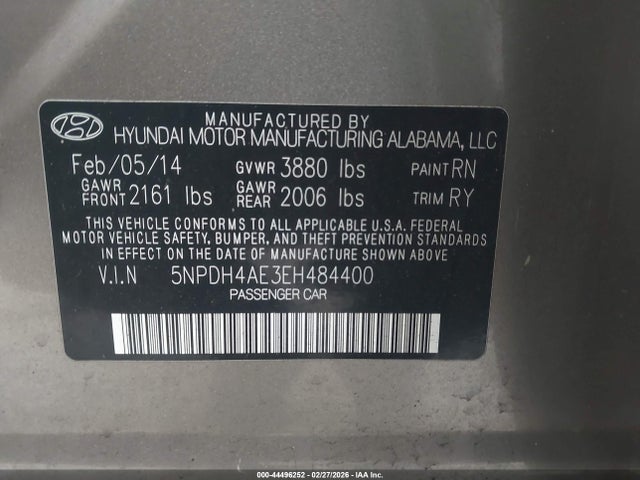 2014 Hyundai Elantra Limited მანქანა იყიდება აუქციონზე, vin: 5NPDH4AE3EH484400, აუქციონის ნომერი: 44496252