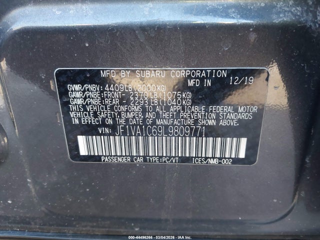 Aukcja sprzedaży 2020 Subaru Wrx Premium, vin: JF1VA1C69L9809771, numer aukcji: 44496266