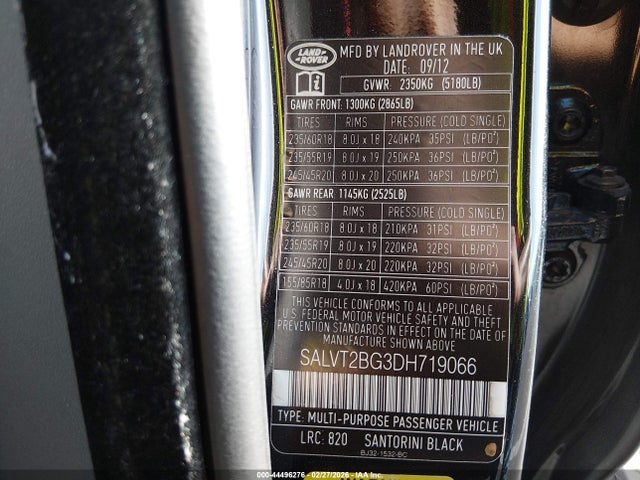 44496276 :رقم المزاد ، SALVT2BG3DH719066 vin ، 2013 Land Rover Range Rover Evoque Pure مزاد بيع