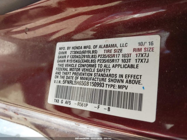 Aukcja sprzedaży 2016 Honda Odyssey Ex-l, vin: 5FNRL5H65GB150993, numer aukcji: 44496280