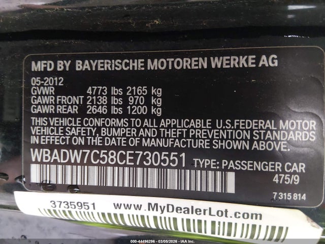 Продаж на аукціоні авто 2012 Bmw 328i, vin: WBADW7C58CE730551, номер лоту: 44496296