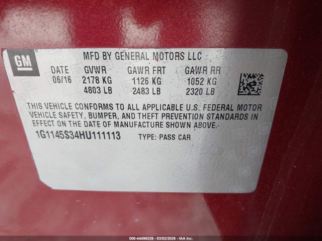 Aukcja sprzedaży 2017 Chevrolet Impala 2lz, vin: 1G1145S34HU111113, numer aukcji: 44496326