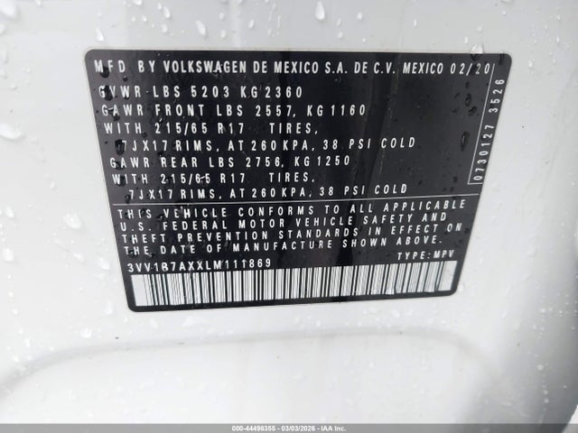 Продаж на аукціоні авто 2020 Volkswagen Tiguan 2.0t S, vin: 3VV1B7AXXLM111869, номер лоту: 44496355