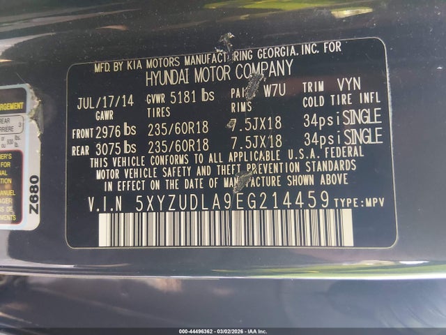 5XYZUDLA9EG214459 Hyundai Santa Fe Sport 2.0l Turbo