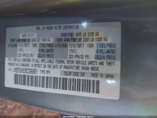 2011 Mazda Cx-7 I Sv მანქანა იყიდება აუქციონზე, vin: JM3ER2A50B0399861, აუქციონის ნომერი: 44496367