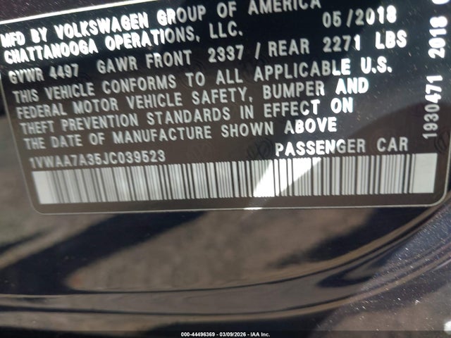 44496369 :رقم المزاد ، 1VWAA7A35JC039523 vin ، 2018 Volkswagen Passat 2.0t R-line/2.0t S مزاد بيع