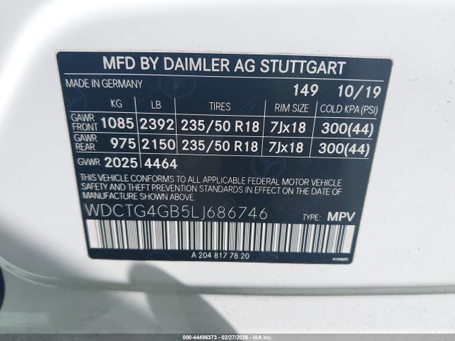 Aukcja sprzedaży 2020 Mercedes-benz Gla 250 4matic, vin: WDCTG4GB5LJ686746, numer aukcji: 44496373