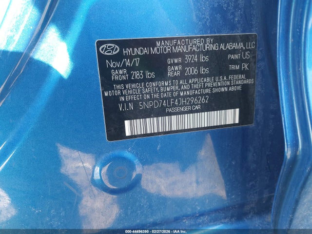 5NPD74LF4JH296262 Hyundai ELANTRA SE