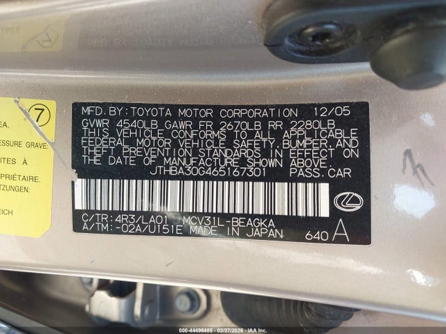 Aukcja sprzedaży 2006 Lexus Es 330, vin: JTHBA30G465167301, numer aukcji: 44496485