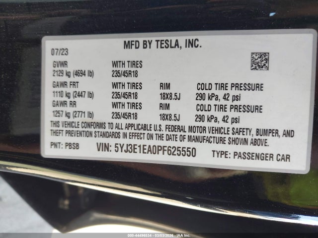 Продаж на аукціоні авто 2023 Tesla Model 3 Rear-wheel Drive, vin: 5YJ3E1EA0PF625550, номер лоту: 44496534