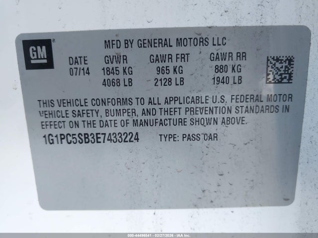 1G1PC5SB3E7433224 Chevrolet Cruze 1lt Auto