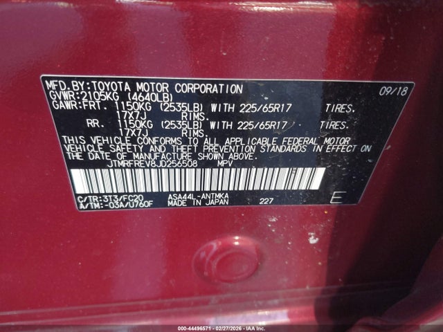 Продаж на аукціоні авто 2018 Toyota Rav4 Xle, vin: JTMRFREV8JD256508, номер лоту: 44496571