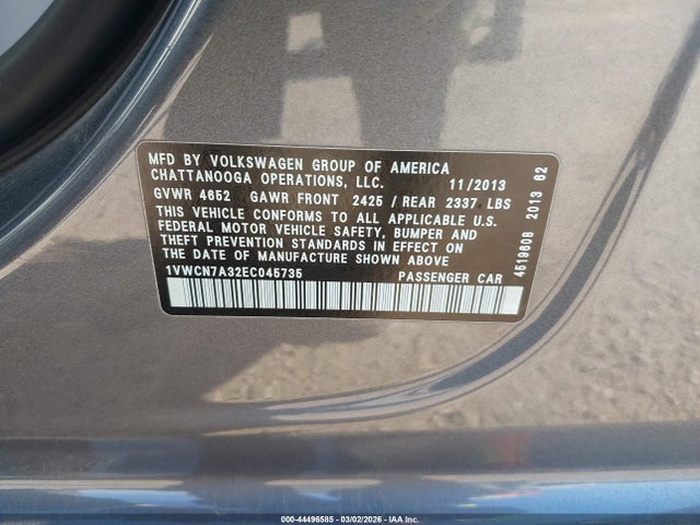 2014 Volkswagen Passat 2.0l Tdi Sel Premium მანქანა იყიდება აუქციონზე, vin: 1VWCN7A32EC045735, აუქციონის ნომერი: 44496585