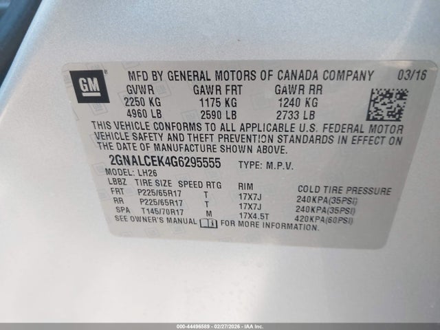 44496589 :رقم المزاد ، 2GNALCEK4G6295555 vin ، 2016 Chevrolet Equinox Lt مزاد بيع