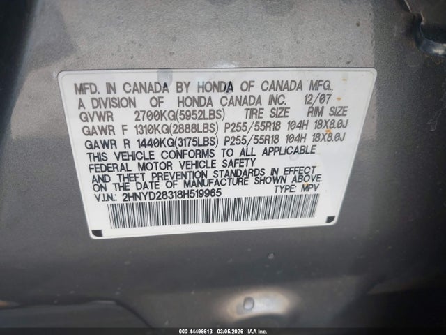 Aukcja sprzedaży 2008 Acura Mdx Technology Package, vin: 2HNYD28318H519965, numer aukcji: 44496613