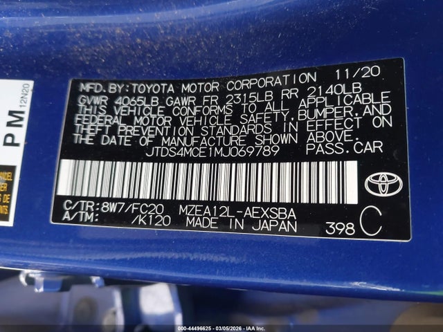 JTDS4MCE1MJ069789 Toyota COROLLA SE