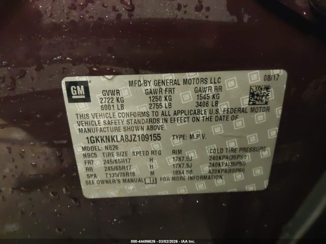 Aukcja sprzedaży 2018 Gmc Acadia Sle-1, vin: 1GKKNKLA8JZ109155, numer aukcji: 44496626
