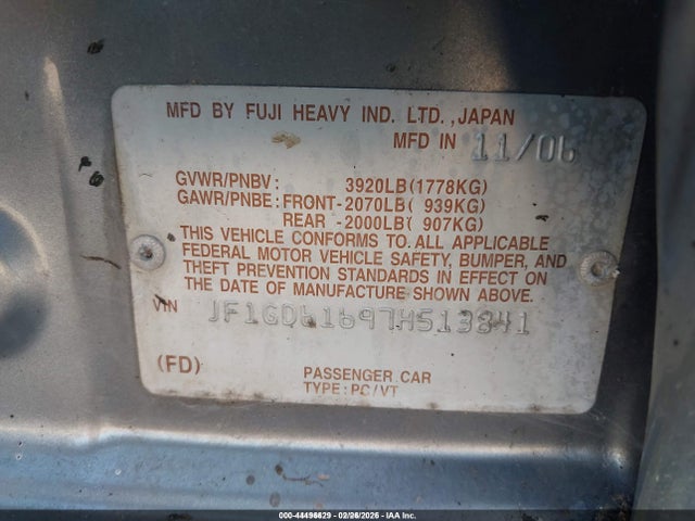 2007 Subaru Impreza 2.5i მანქანა იყიდება აუქციონზე, vin: JF1GD61697H513841, აუქციონის ნომერი: 44496629