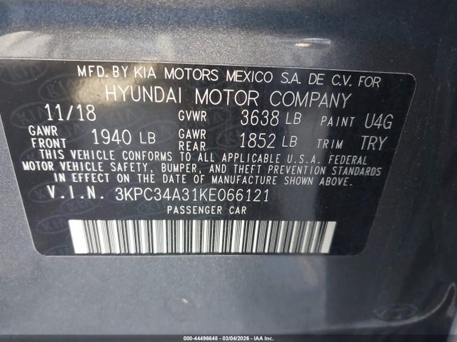 2019 Hyundai Accent Limited მანქანა იყიდება აუქციონზე, vin: 3KPC34A31KE066121, აუქციონის ნომერი: 44496648