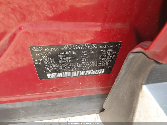 Aukcja sprzedaży 2020 Hyundai Santa Fe Se, vin: 5NMS23AD1LH156641, numer aukcji: 44496652