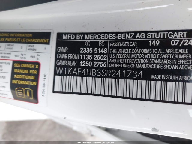 Продаж на аукціоні авто 2025 Mercedes-benz C 300, vin: W1KAF4HB3SR241734, номер лоту: 44496675