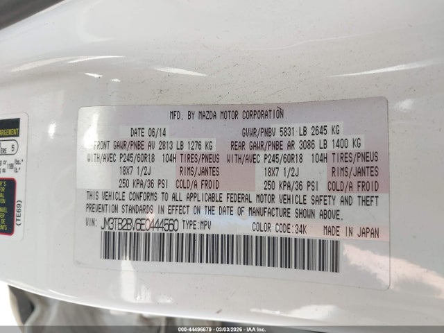 44496679 :رقم المزاد ، JM3TB2BV6E0444560 vin ، 2014 Mazda Cx-9 Sport مزاد بيع