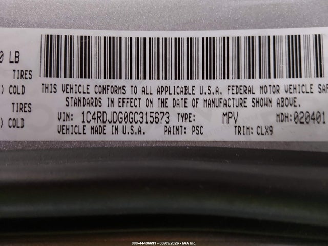 2016 Dodge Durango Limited მანქანა იყიდება აუქციონზე, vin: 1C4RDJDG0GC315673, აუქციონის ნომერი: 44496691