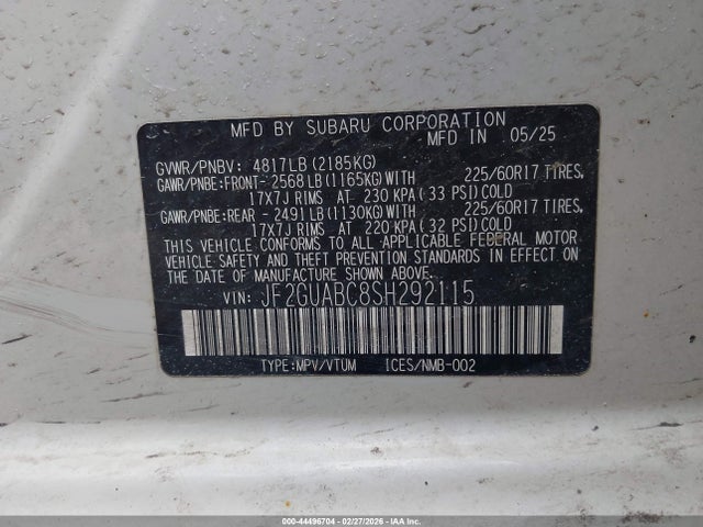 44496704 :رقم المزاد ، JF2GUABC8SH292115 vin ، 2025 Subaru Crosstrek مزاد بيع