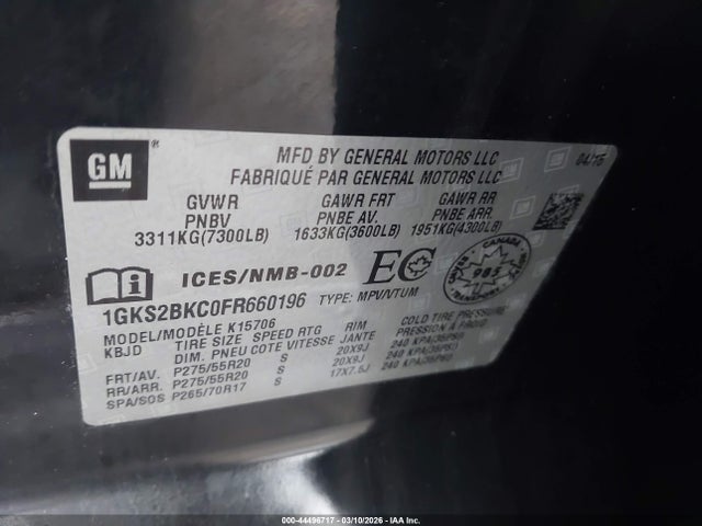 44496717 :رقم المزاد ، 1GKS2BKC0FR660196 vin ، 2015 Gmc Yukon Slt مزاد بيع