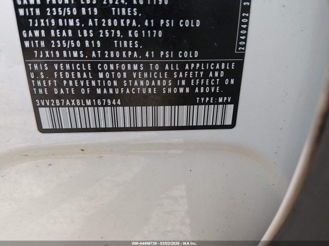 44496739 :رقم المزاد ، 3VV2B7AX8LM167944 vin ، 2020 Volkswagen Tiguan 2.0t Se/2.0t Se R-line Black/2.0t Sel مزاد بيع