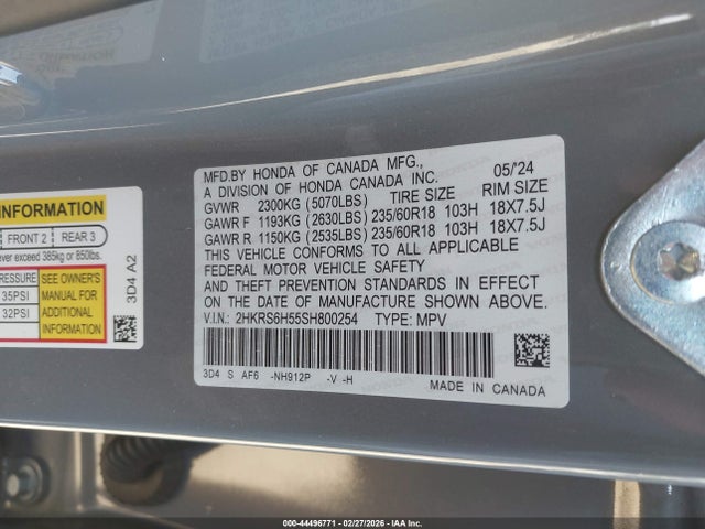 2025 Honda Cr-v Hybrid Sport მანქანა იყიდება აუქციონზე, vin: 2HKRS6H55SH800254, აუქციონის ნომერი: 44496771