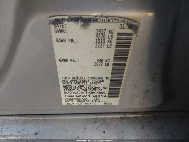 1N4AL3AP5GC154954 Nissan Altima 2.5/2.5 S/2.5 Sl/2.5 Sr/2.5 Sv